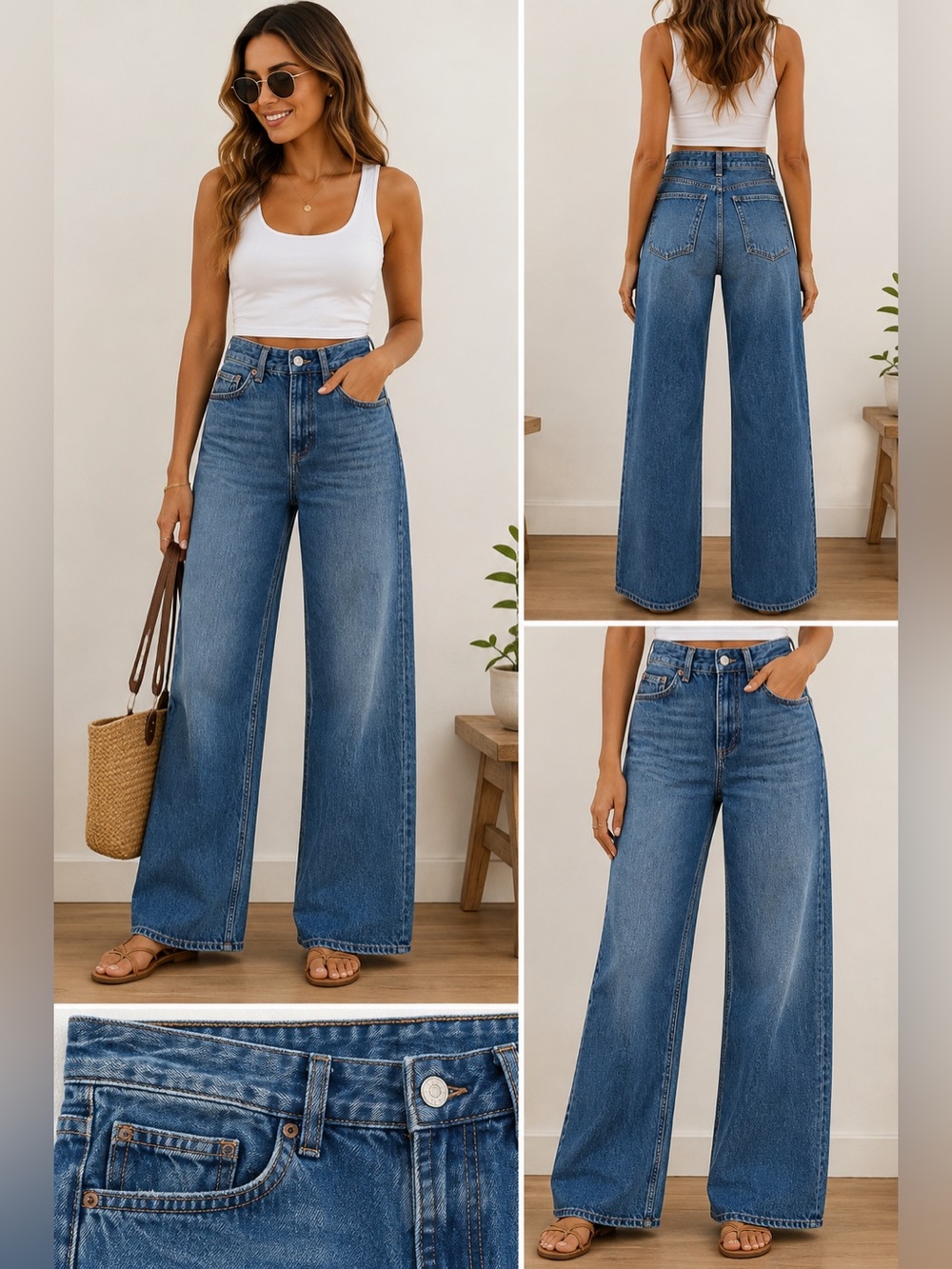 ZARA Wide Leg Jeans Size 6 High Rise 29/33 Medium Wash 100% Cotton Relaxed Denim - Picture 3 of 15